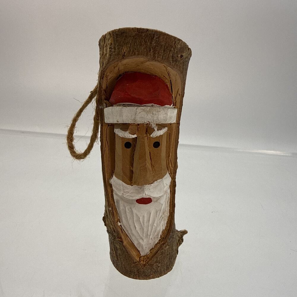 Vtg Wooden Hand Carved Santa Face in Log Ornament 4.5" Santa Christmas Signed 92